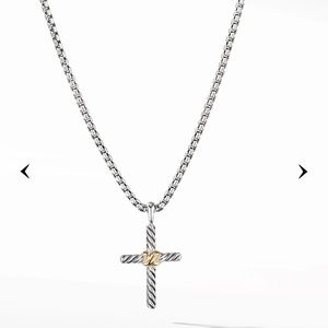 DAVID YURMAN: Petite X Cross Necklace in Sterling Silver with 14K Yellow Gold
